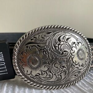 Illuma Western Tooled Leather Belt with Large Silver Engraved Buckle